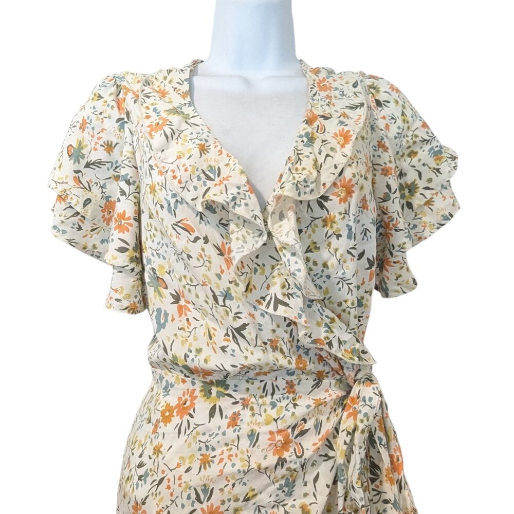 Mod Goddess Floral Print Ruffle Detail Wrap Midi Dress Size Large
